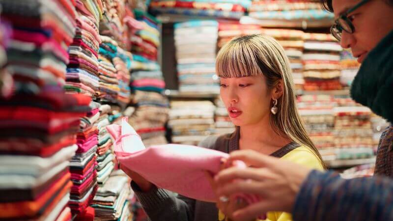 Woman carefully examining fabric at a colorful textile market, weighing her options before making a purchase decision — much like comparing a personal loan to a credit card.